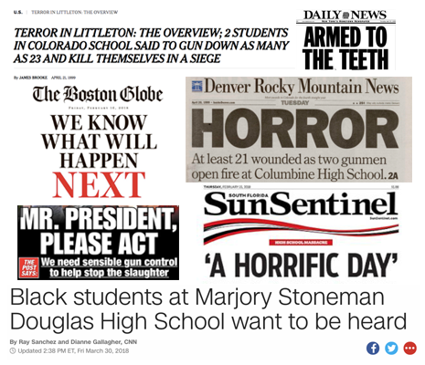 News headlines following school shootings in Littleton, Colorado, and Parkland, Florida.