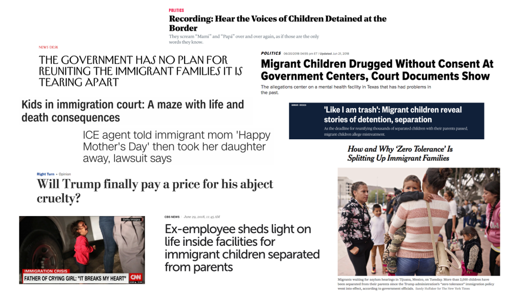 collage of news headlines about family separation and trauma 
