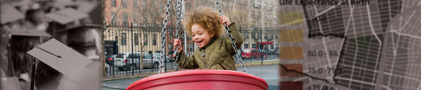 graduates, child on tire swing, and neighborhood life expectancy maps