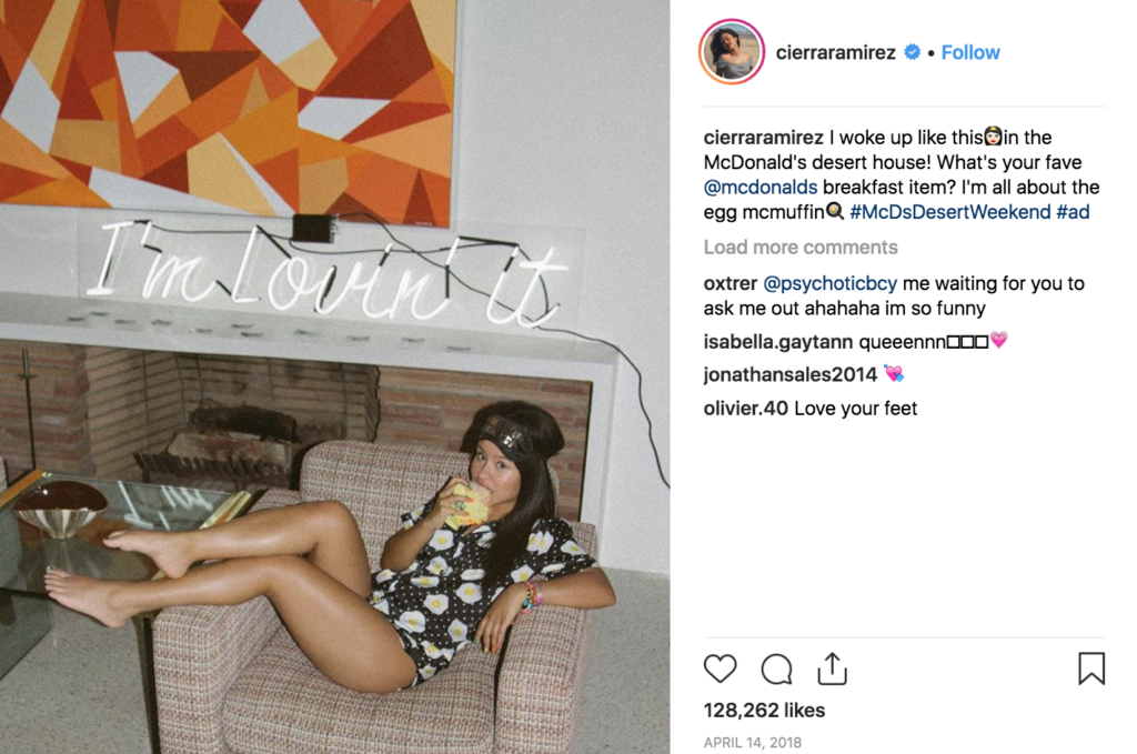 A screenshot of Instagram influencer Cierra Ramirez advertising McDonald's Egg McMuffin in a sponsored social media post.