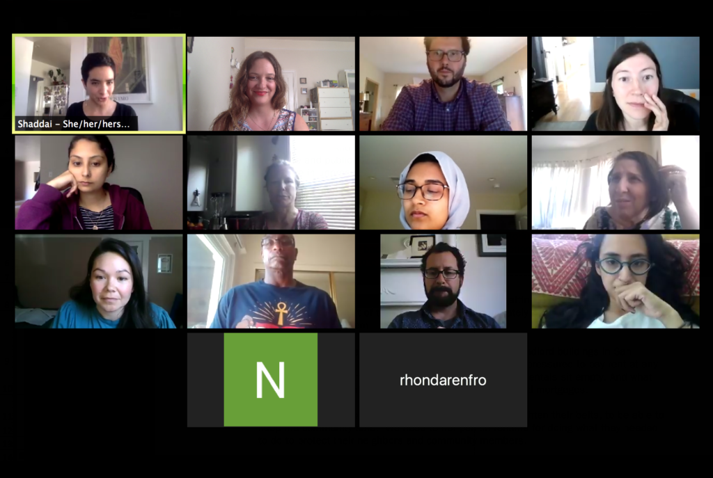 Screen grab of Zoom meeting, showing thumbnail images of participant faces