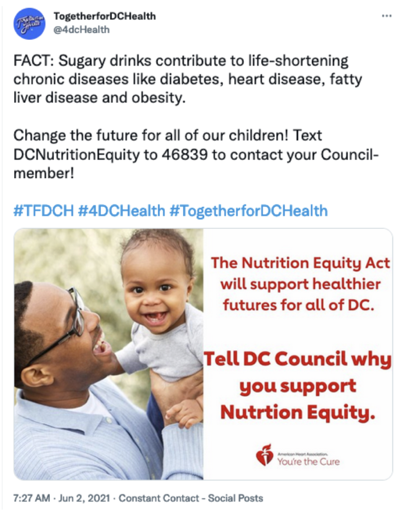Figure 3: Sample tweet supporting the Nutrition Equity Amendment Act