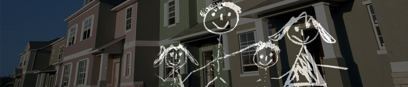 chalk drawing of family in front of a row of urban housing