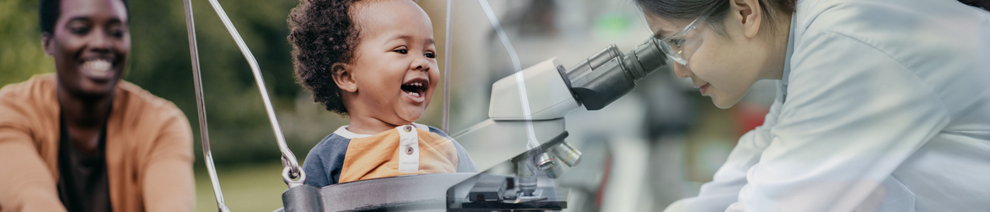 collage of mom pushing child on a swing and public health scientist looking into a microscope