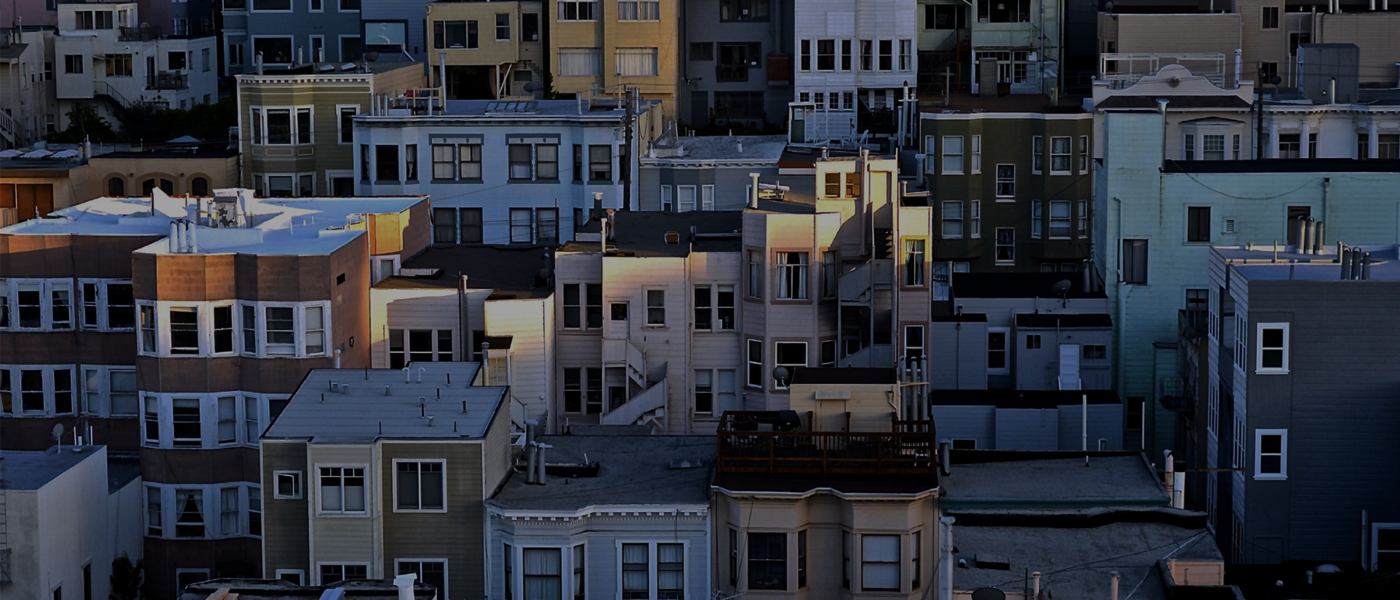 urban row homes at sunset