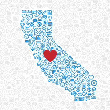 outline of the state of California, filled with blue health-related icons and emojis like hearts and houses and lightbulbs