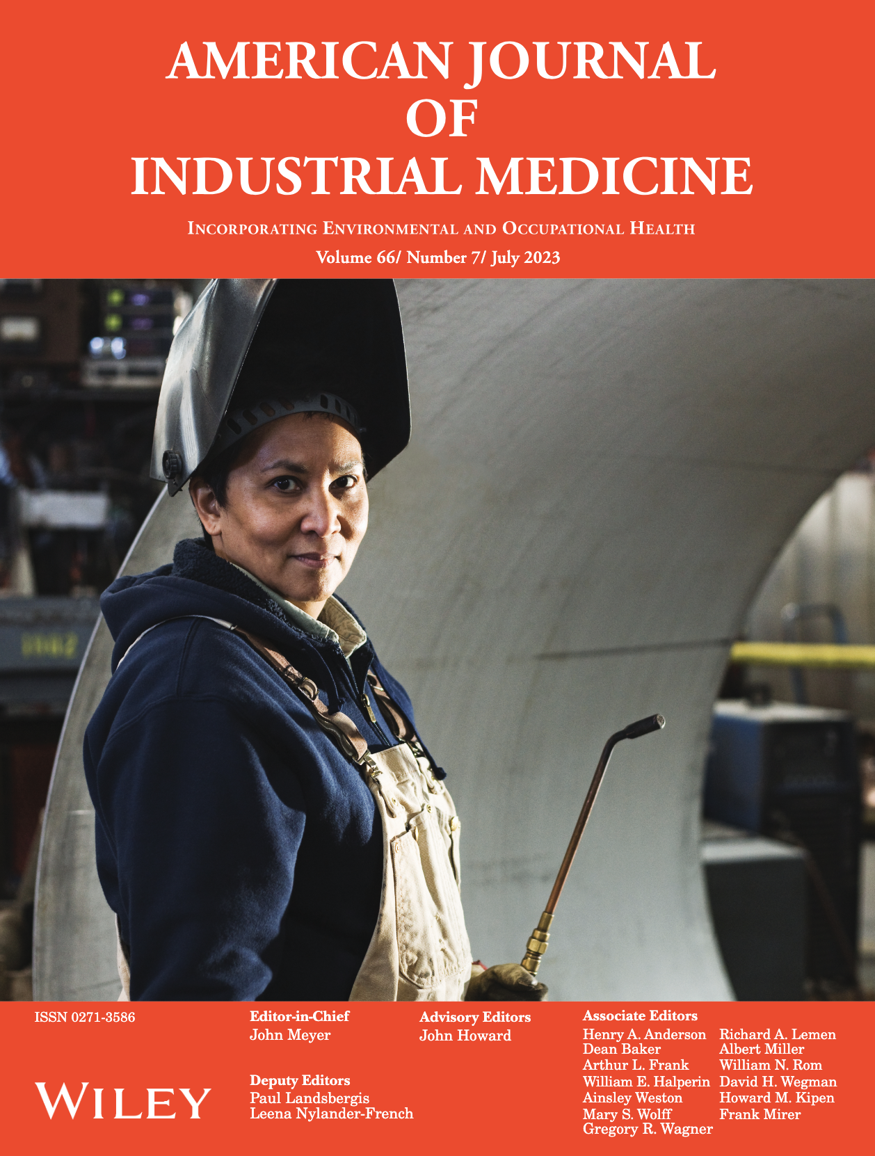 Cover of the America Journal of Industrial Medicine. Image shows woman working smiling and wearing overalls while holding an industrial sprayer in her hand.