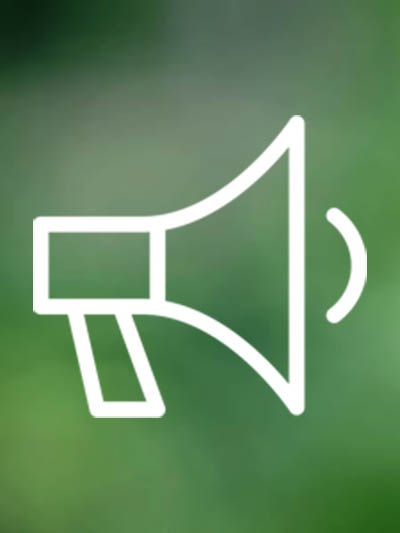 Simple line art: white icon of a bullhorn against a green background