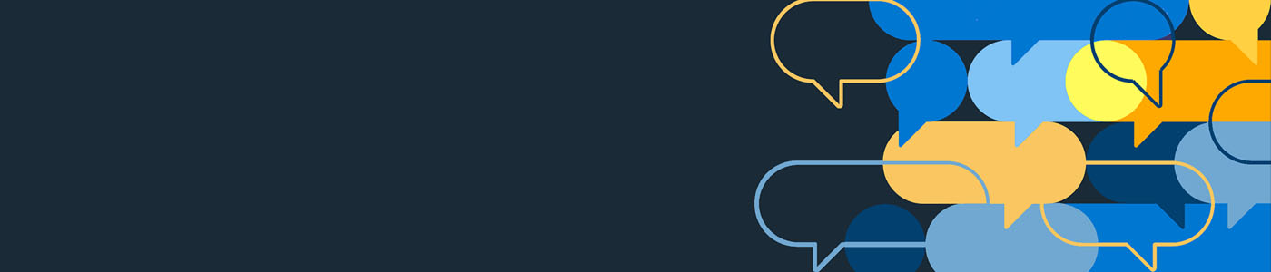 collage of speech bubbles in varying shades of blue, orange, and yellow