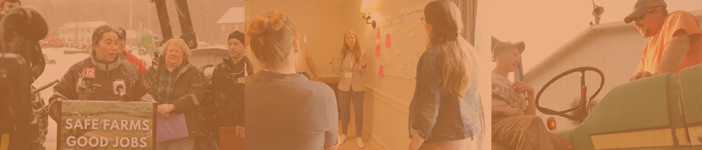 collage banner featuring various images of farmers speaking with the media and elected officials
