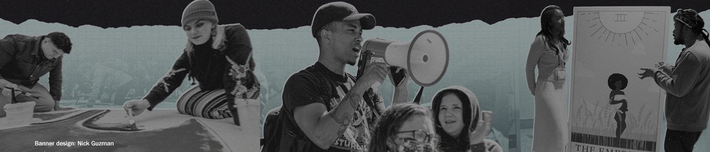 Collage depicting three scenes associated with racial justice: artists, organizers, and presenters.